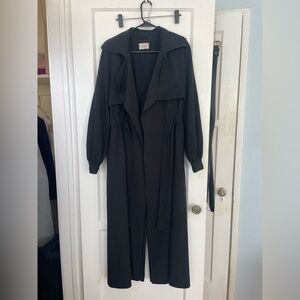 Elegant Long Black Coat with Tie Detail